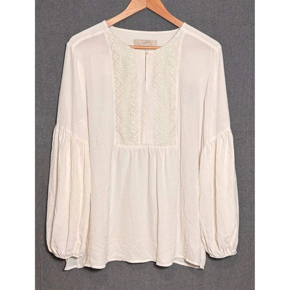 Loft Womens Ivory Lace Front Puff Sleeve Blouse Cream Split Neck Top Large